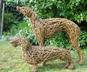 Whippet and Dachshund Dogs, life size, willow.
