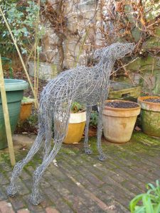 Standing Whippet Dog, life size, painted wire.