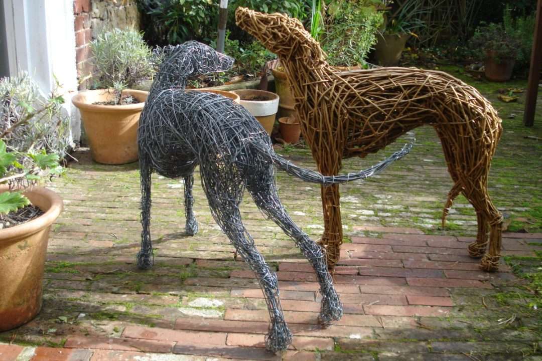 whippet dog sculptures for the garden, willow whippet dog, wire whippet dog sculpture