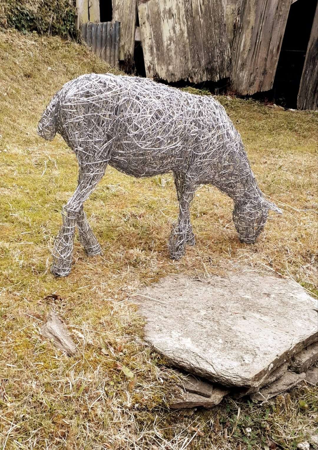 life size sheep grazing sculpture, life size sheep sculpture for the garden