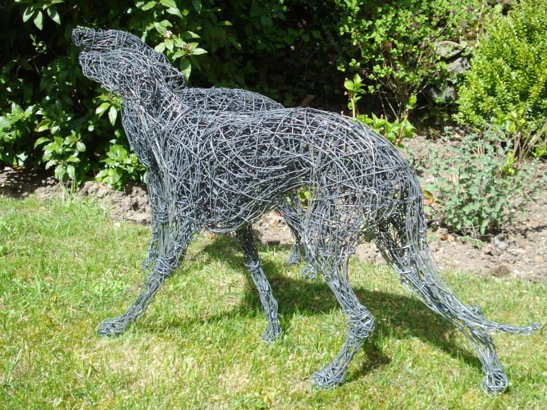 life size whippet dog sculpture, wire whippet dog sculpture, whippet dog sculpture for the garden
