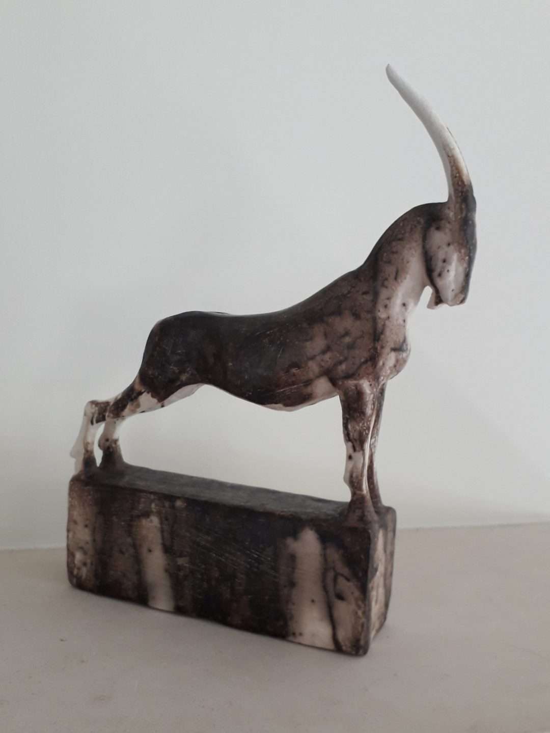 raku goat sculpture, raku animal sculpture, ibex goat sculpture